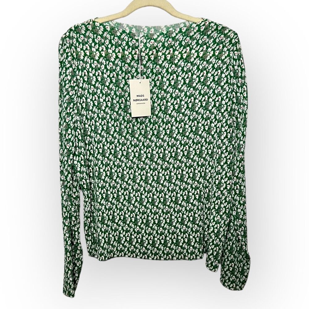 Mads Norgaard Women's Blizella Green Floral Print Crepe Blouse Size Small, EU 36